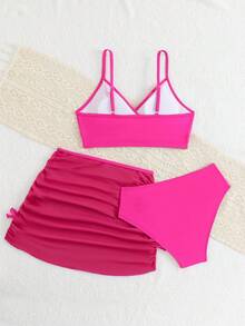 Teen Girls' Solid Color Minimalist Everyday Bikini Sets, 3pcs/Set - Hot Pink - View 2