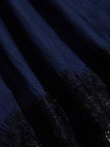 Aveloria Modichic Women Satin Textured Navy Blue A-Line Skirt,Autumn Elegant Date Night Eyelash Lace Patchwork Hem Retro Wedding Guest Dress For Women - Navy Blue - View 5