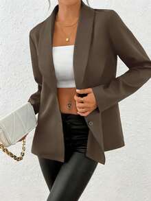 SHEIN Raffinéa Áo khoác blazer dài tay màu đen ôm sát, gợi cảm dành cho nữ, thích hợp cho mùa đông. - màu nâu - Xem 5