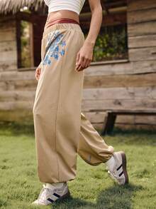 Medorelle 女士直筒户外休闲宽松印花裤 - 卡其色 - 查看 2