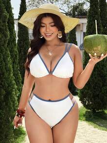 SHEIN Swim Mod 大码女式两件套纯色吊带网纱罩衫性感沙滩度假比基尼泳衣 - 白色 - 查看 5