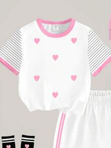 春夏少女休闲时尚创意个性清新简约粉色爱心白条纹夏季印花T恤短裤套装，舒适日常穿着 - 彩色 - 查看 6