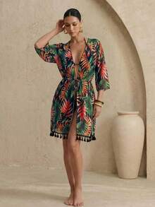 EMERY ROSE 女款全印花和服風遮陽衣,附腰間包覆式束帶,隨機印花 - 米色 - 查看 1