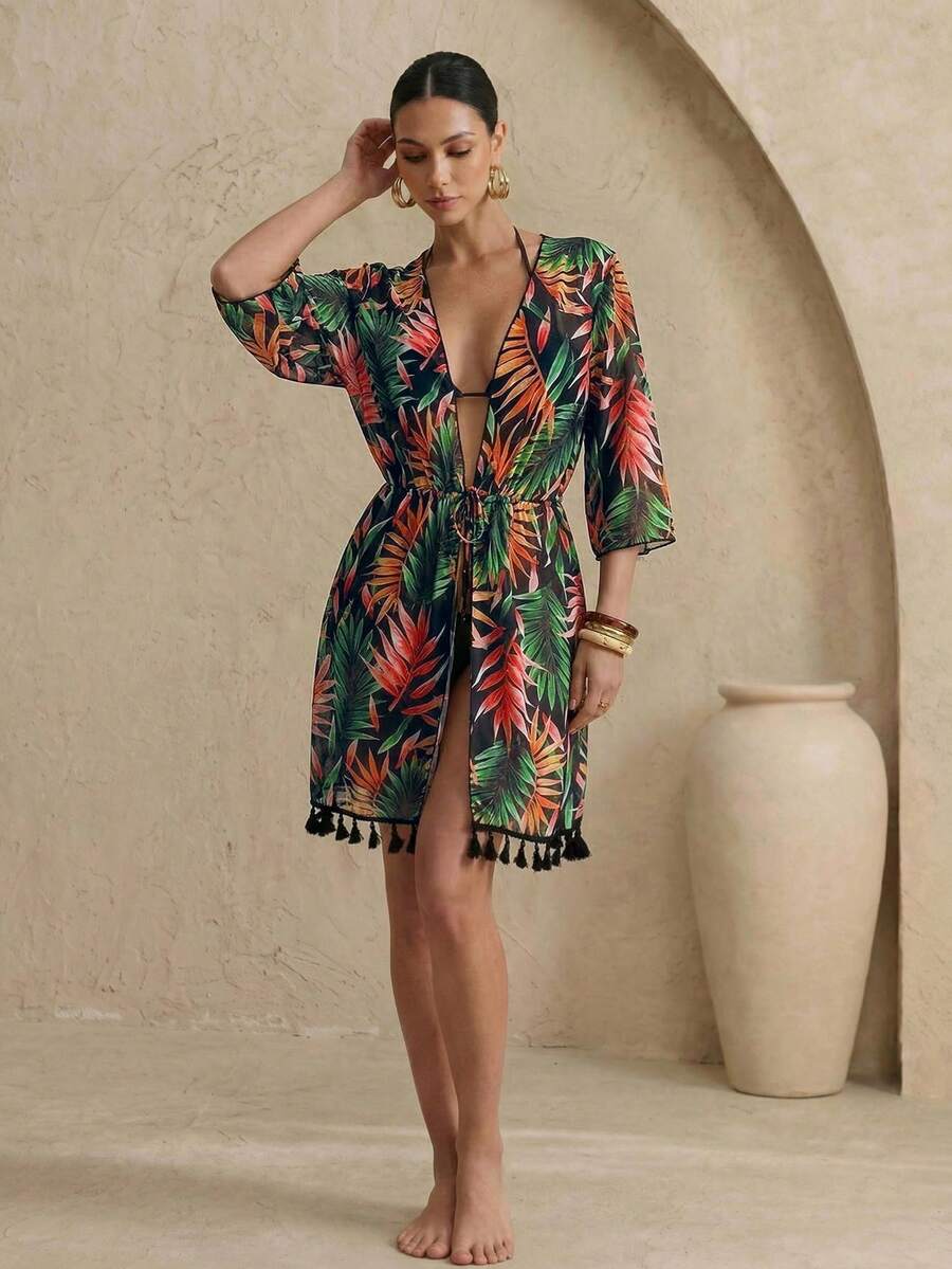 EMERY ROSE 女款全印花和服風遮陽衣,附腰間包覆式束帶,隨機印花 - 米色 - 查看 1