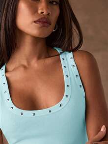 SHEIN BAE Women's Solid Color Scoop Neck Fitted Casual Tank Top, Summer - Mint Blue - View 6