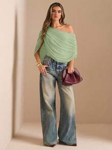 SHEIN BAE Autumn/Winter Solid Brown/Coffee Off Shoulder Ruched Fitted Elegant Bodysuit, Tight-Fitting Graceful Fitted Bodysuit, Draped Top - Mint Green - View 3