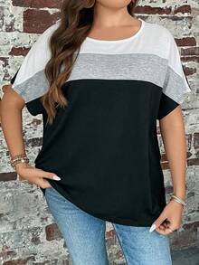 SHEIN LUNE Plus Size Contrast Color Crew Neck Casual Short Sleeve T-Shirt, Fall Women Tops Purple - Multicolor - View 1