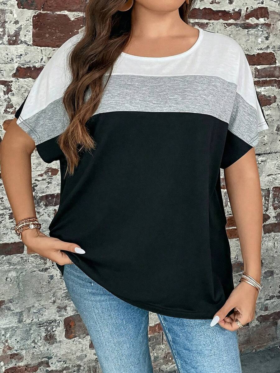 SHEIN LUNE Plus Size Contrast Color Crew Neck Casual Short Sleeve T-Shirt, Fall Women Tops Purple - Multicolor - View 1