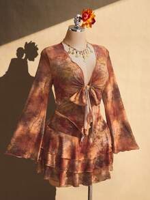 SHEIN ICON 女款大尺碼棕色秋季傳統性感波西米亞風 90年代電音派對度假演唱會復古 Y2K 蝴蝶結喇叭袖上衣與蛋糕裙 2件套 - 彩色 - 查看 5