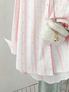 Airaco Women's Casual Commuter Striped Polka Dot Print Shirt - Apricot - View 4