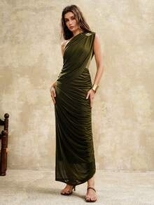 Arave Women's Elastic Fabric H-Line Ruched Asymmetric Shoulder Metal Button Sleeveless Casual Commuter Dress - Green - View 3