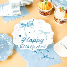 Disposable Plates, Napkins, Paper Cups, And Party Supplies In The Shape Of Blue Bow Petals, Suitable For 16 Guests, Birthdays, Weddings, Themed Parties, Family Picnics, Disposable Plates, And Party Utensils - View 5