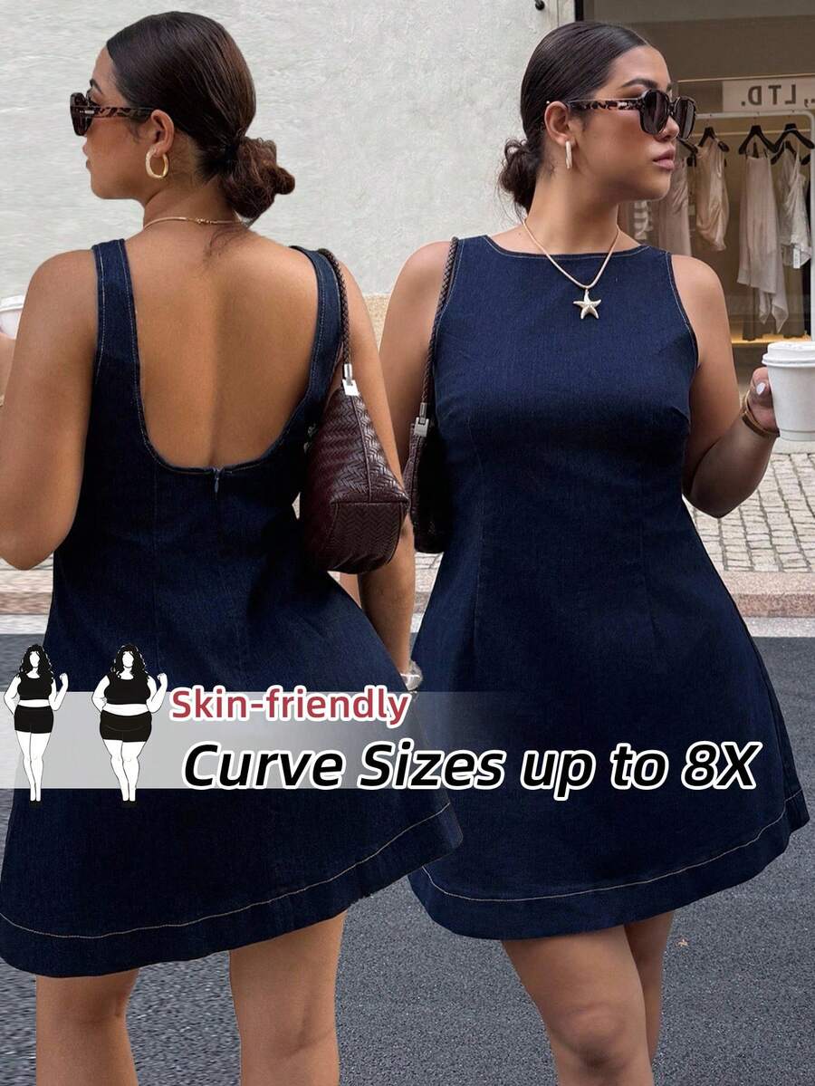 SHEIN CURVE+ 大码纯色圆领无袖简约牛仔连衣裙，百搭夏季单品，适合各种场合，包括夏季连衣裙、女士夏季服装、春季连衣裙、复活节连衣裙、节日服装、优雅派对连衣裙、沙滩连衣裙、沙滩服装、毕业礼服、休闲连衣裙、度假服装、乡村音乐会服装。 - 深色水洗藍 - 查看 1
