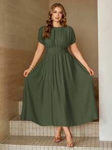 Roveilla Plus Size Summer Solid Color Ruched Batwing Sleeve Dress - Army Green - View 1