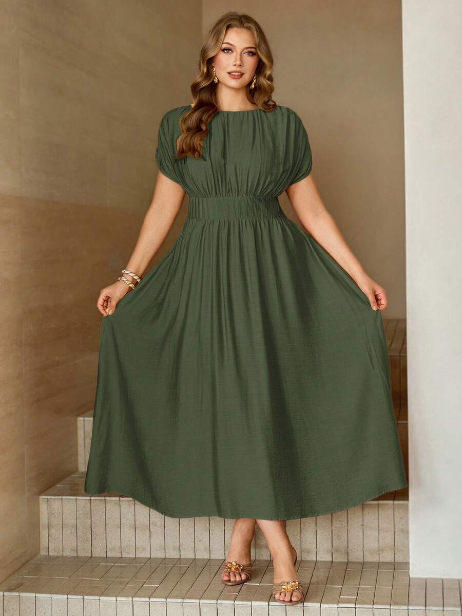 Roveilla Plus Size Summer Solid Color Ruched Batwing Sleeve Dress - Army Green - View 1