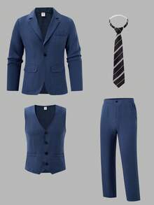 SHEIN 青少年男童简约廓形高端藏蓝色格纹两件套西装，配藏蓝色领带，简约精致，适合婚礼季、休闲、上学、旅行、运动、音乐节、假期、派对、夏季海滩度假、春夏穿着。 - 寶藍色 - 查看 6