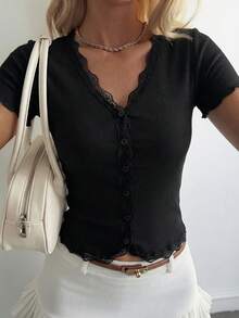 Livesso Black Lace Trim Fitted Cardigan, Suitable For Spring/Summer Vacation Outfits - Black - View 4