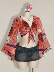 SHEIN ICON 女士度假风拼接图案前系结喇叭袖短款性感衬衫 - 彩色 - 查看 3