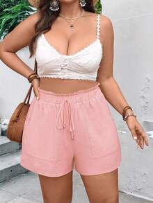 EMERY ROSE Plus Size Pink Textured Casual Shorts, Ruffle Elastic Waist Drawstring Pocket Loose Hot Pants For Summer Vacation Beach - Pink - View 6
