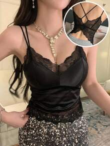 FRIFUL 女士蕾丝拼接休闲百搭约会之夜吊带背心 - 黑色 - 查看 6