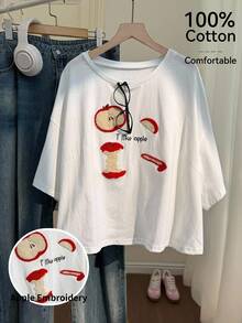 Comfortcana Áo thun cotton dáng rộng thoải mái cỡ lớn, chất liệu cotton, kiểu dáng thường ngày, thêu hình quả táo 3D, thích hợp cho mùa xuân/hè. - Nhiều màu - Xem 3