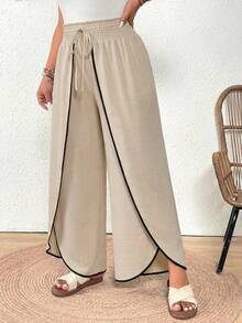 SHEIN Frenchy Quần sọc cỡ lớn, quần ống rộng cạp cao, thích hợp cho mùa hè, kỳ nghỉ và thể thao. - Màu be - Xem 4
