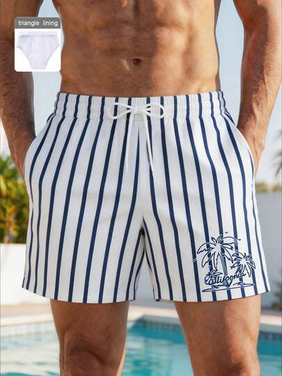 VIVINTIMO 男士经典蓝白条纹沙滩短裤，椰树印花沙滩短裤，网眼内衬，防走光内衬，适合海滩和海岛度假