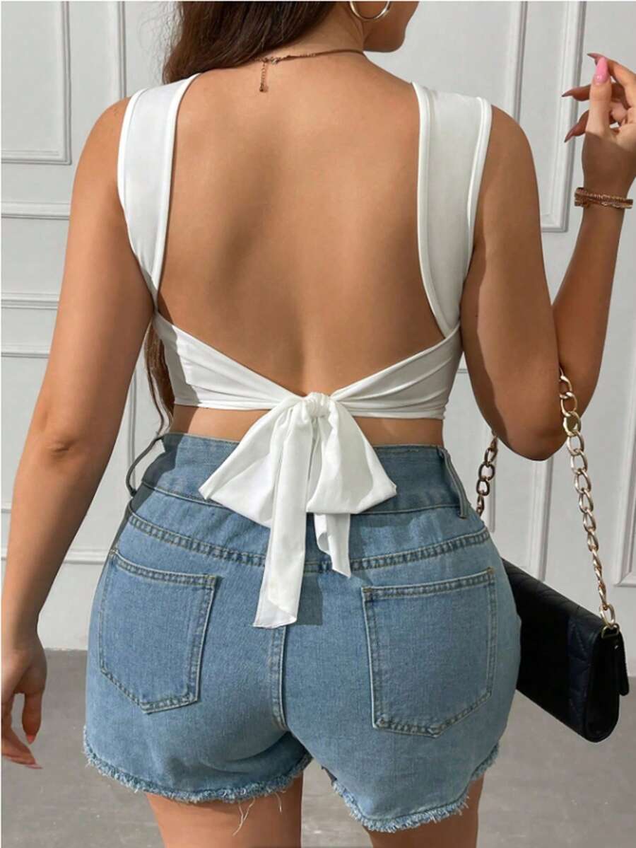 Vionelle Áo tank top crop top hở lưng buộc dây gợi cảm cỡ lớn dành cho mùa hè - trắng - Xem 1