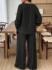 Weeklong Women's Plus Size Spring/Summer Casual Mid-Sleeve Button Decor V-Neck Shirt And Straight Leg Pants 2-Piece Set, Suitable For Daily And Vacation Wear - Black - View 2