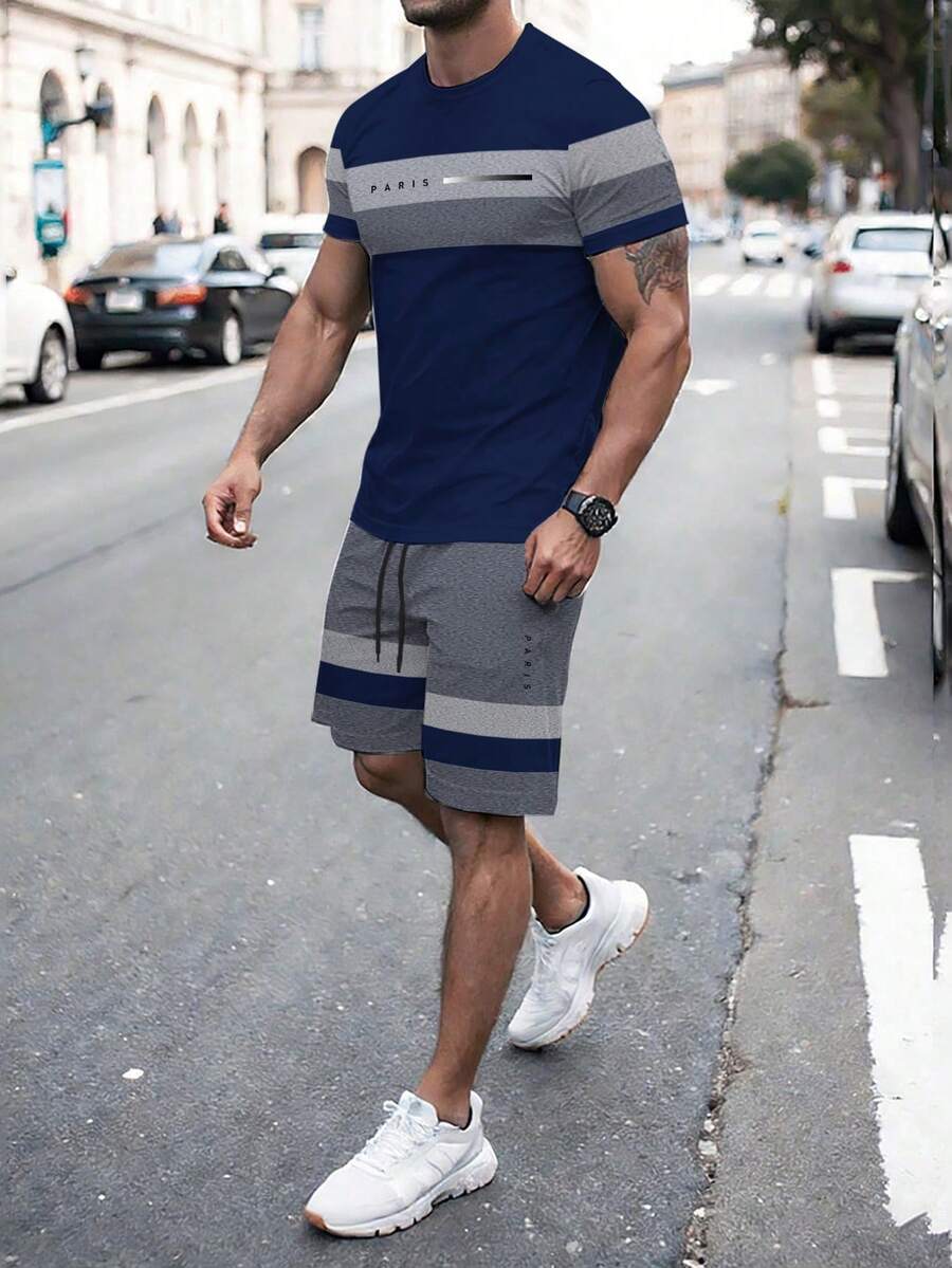 Manfinity Homme Men's Paris Inspired Striped Ombre Casual Crew Neck T-Shirt Set - Multicolor - View 1