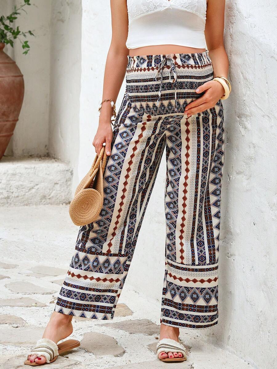 SHEIN 孕妇几何印花抽绳腰荷叶边阔腿裤 - 彩色 - 查看 1