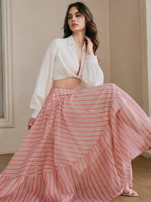 Anewsta Chân váy midi dáng rộng, phối sọc, vạt bất đối xứng, phong cách nghỉ hè Bohemian. - Màu Hồng  San hô - Xem 1