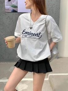 DAZY Women's V-Neck Letter Embroidered Casual Short Sleeve T-Shirt Summer - White - View 7