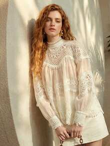 MOTF PREMIUM WOMEN'S ROMANTIC ELEGANT LACE PATCHWORK LONG SLEEVE BLOUSE, SPRING/SUMMER - White - View 10