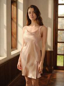 SilkySpell Váy ngủ Pyjama Satin hở lưng có ren tương phản - Rượu sâm banh - Xem 3