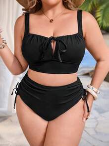 SHEIN Swim Lushore 2026新款加大码女士特殊面料纯色分体式泳衣，可调节肩带，可拆卸胸垫，蝴蝶结胸前设计，性感镂空剪裁，抽绳高腰三角泳裤，休闲优雅沙滩度假泳装 - 黑色 - 查看 4