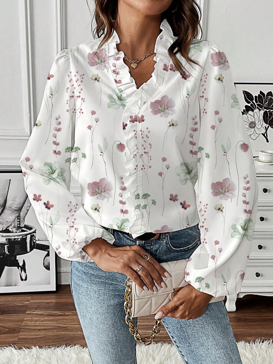 EMERY ROSE Women's Long Sleeve Floral Print Frill Trim Long Shirt - Multicolor - View 1