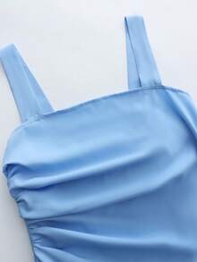 SHEIN Tall 优雅通勤工作度假褶皱不对称吊带蓝色长裙舞会礼服女士优雅女士连衣裙正式礼服高品质礼服伴娘礼服婚礼在线伴娘礼服商店女士正式礼服 - 藍色 - 查看 5