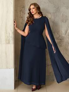 Roveilla Plus Size Women's Autumn Elegant Navy Blue Wedding Guest Dress, Middle Eastern Arabic Style Shoulder Cape Chiffon Lining Evening Gown, Cinched Waist Dress - Navy Blue - View 3