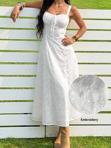 SHEIN EZwear White Woven Romantic Vacation Style Sleeveless Slit Thigh Dress - White - View 1