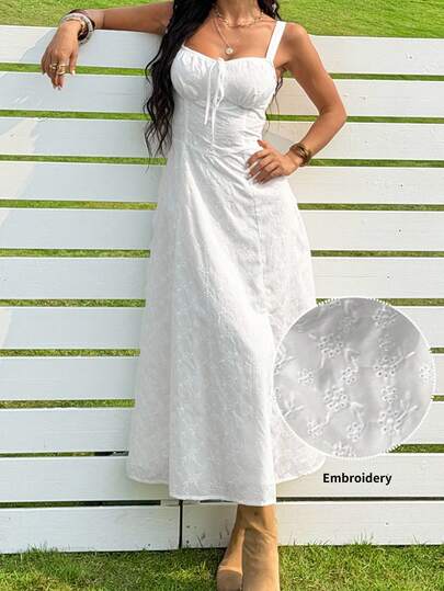 SHEIN EZwear 白色编织浪漫度假风无袖开衩大腿连衣裙