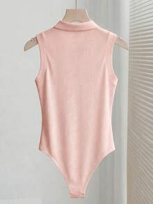 Trelyra 优雅百搭翻领半拉链针织白色连体衣，女士春夏度假沙滩连体衣 - 粉色 - 查看 2