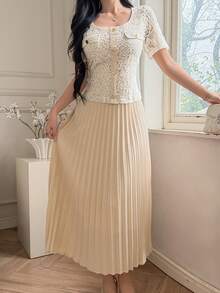 DAZY Women's Faux Two-Piece Short Sleeve Elegant Pleated Dress - White - View 4