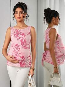 Momance Áo tank top bầu không tay ôm sát, in họa tiết, thanh lịch dành cho phụ nữ. - Hồng - Xem 3