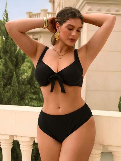 Swim Chiccia Plus Size Dam Minimalistisk Enfärgad Mjuk Kupa Bygelbikiniöverdel Med Rosettdekoration, Lämplig För Strand & Semester
