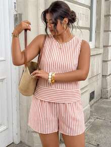 SHEIN Frenchy 大码女式条纹吊带背心和短裤两件套，休闲度假装 - 紅色 - 查看 9