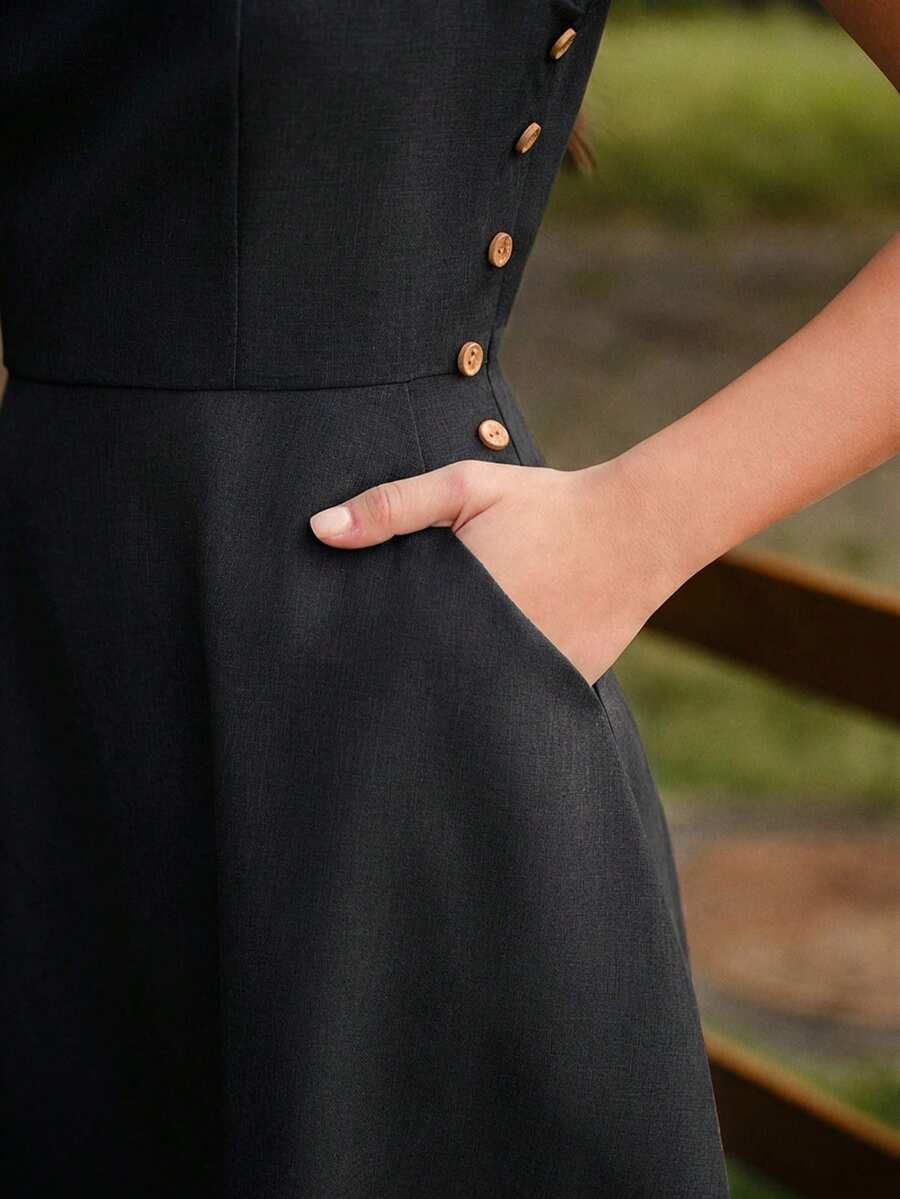 Vintamour 复古优雅女士连衣裙,带口袋和纽扣,休闲度假夏季女装,浪漫连衣裙,夏季连衣裙,沙滩装,90年代风格女装,优雅夏季服装,春季女装,春季连衣裙,夏季度假连衣裙,沙滩裙,太阳裙,蓝色连衣裙,复活节连衣裙,夏季女装,绿色连衣裙 - 黑色 - 查看 1