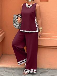 Weeklong Bộ jumpsuit không tay xẻ tà phối màu tương phản dành cho nữ cỡ lớn, trang phục thường ngày đi nghỉ mát, thời trang đường phố. - Màu Đỏ Sâu - Xem 1