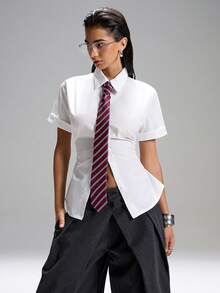 LYSMO Women Casual Solid Color Short Sleeve Blouse - White - View 4