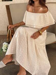 DAZY Đầm midi ren trễ vai kiểu dáng thường ngày dành cho nữ, thích hợp cho mùa xuân và mùa hè. - Màu be - Xem 1